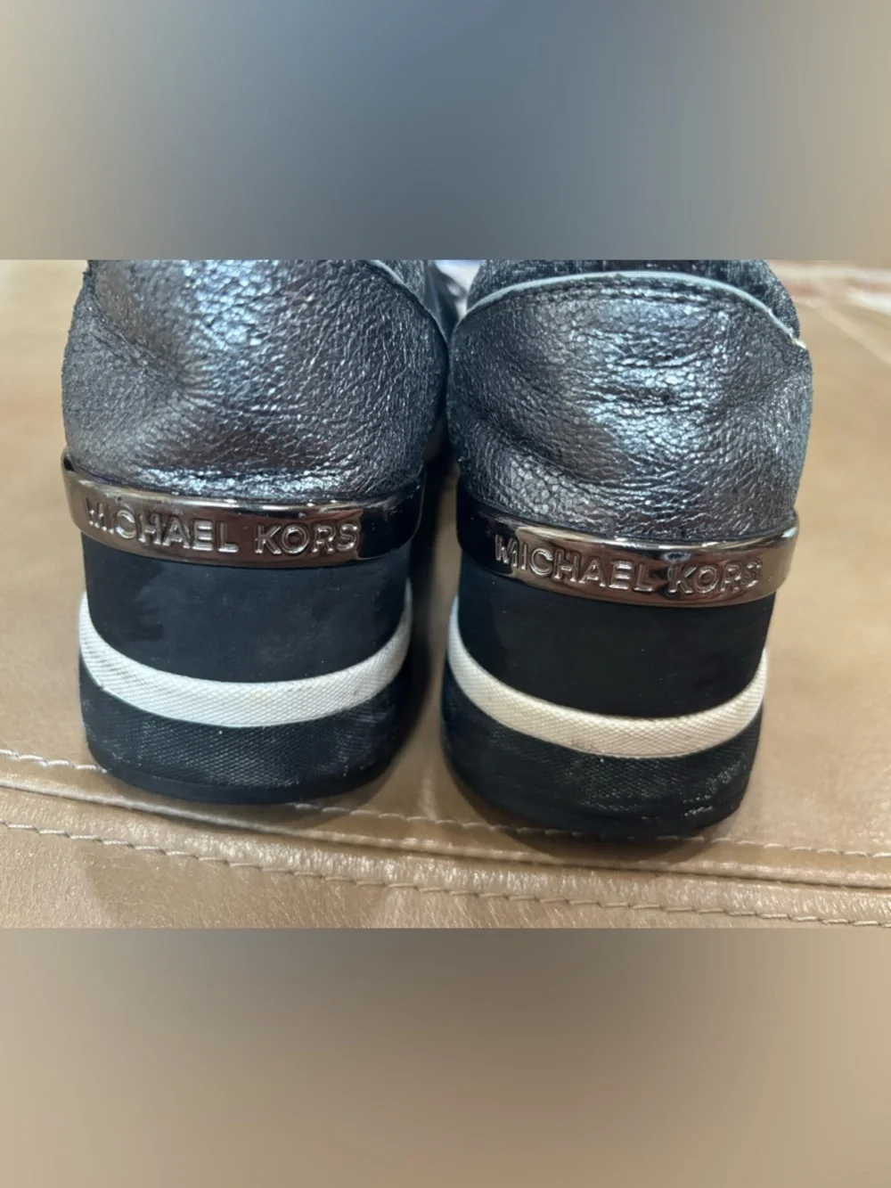 Michael Kors Black and Gray Knit Leather Lace-Up bold statement Sneakers